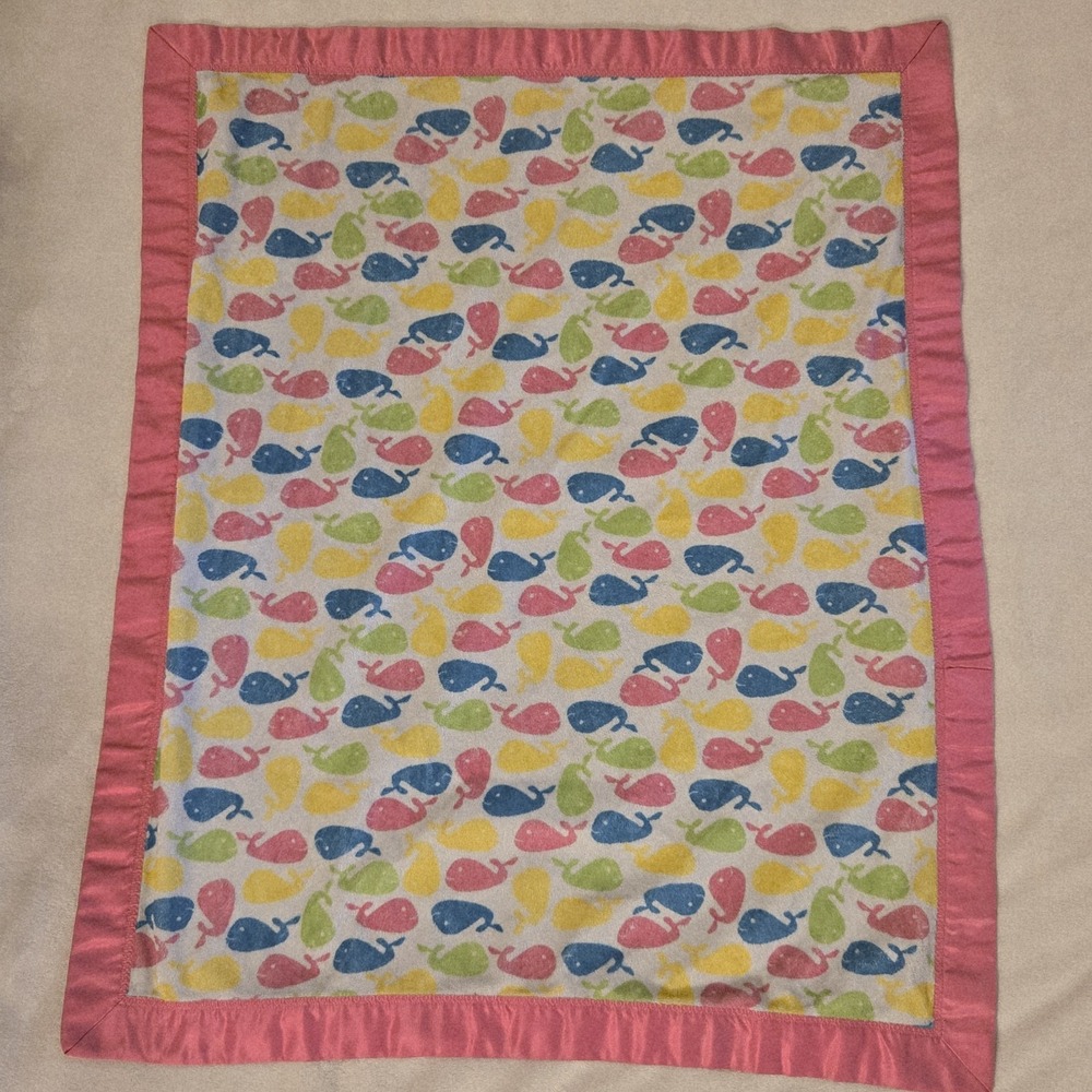 Handmade Whale Baby Blanket Satin Back Fleece Pink‎ Green Security Blanket 28x35